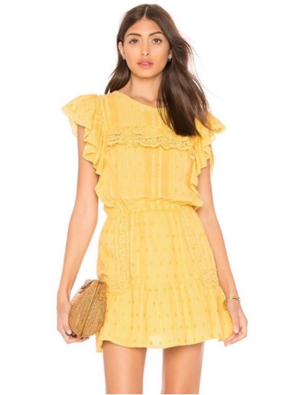 LoveShackFancy Whitney Marigold Yellow Ruffle Lace Mini Dress, medium